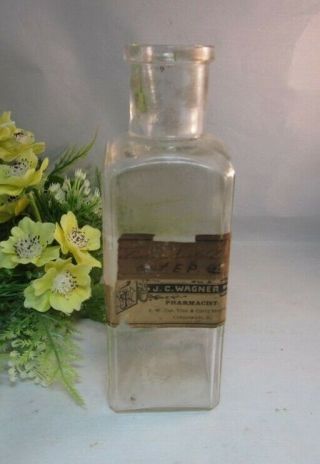 Antique Apothecary Medicine Bottle.  J.  C.  Wagner Pharmacist.  Cincinnati,  Oh