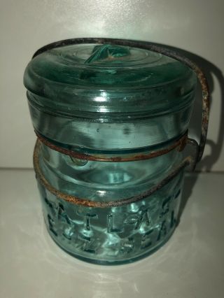 Vintage Atlas E - Z Seal Mason Fruit Jar & Glass Cap Aqua Blue Squatty Pint Size