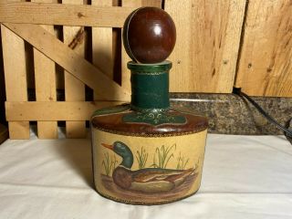 Vintage Leather Covered Green Glass Whiskey Liquor Bottle With Duck