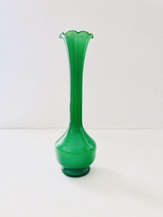 Vintage Rare Green Frosted Art Glass Vase Bulb Bottom & Scalloped Top Edge 8”h