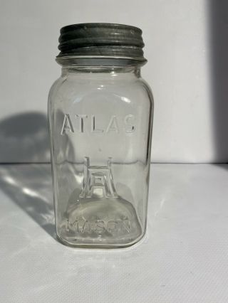 Vintage Atlas H Over A Mason Clear Square Quart Jar