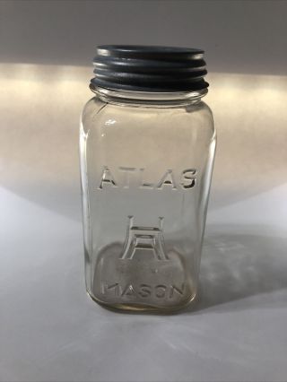 Vintage Hazel Atlas 1 Quart Clear Glass Square Mason Canning Jar Atlas Zinc Lid