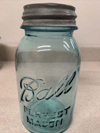 Vintage Ball Blue Glass Perfect Mason Jar 2 Fruit Canning Zinc Lid Atlas