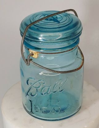 Vtg Antique Mason Jar - Ball Ideal Aqua 1 Pint Pat.  1908 Ne Estate Find