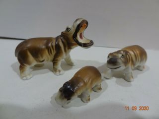 3 Vintage Miniature Mini Bone China Hippopotamus Family Figure Porcelain Animal