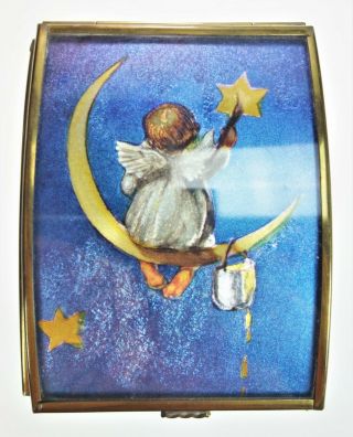 Angel Cherub Moon Stars Glass Hinged Trinket Vanity Jewelry Gift Box Handcrafted