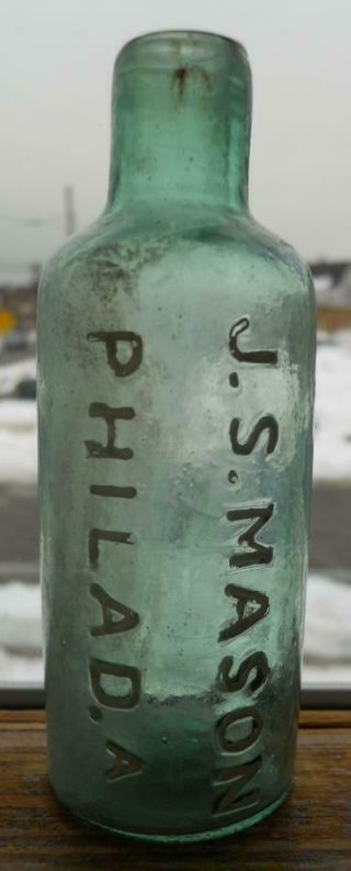 Dark Aqua Light Green Open Pontil J.  S.  Mason Philadelphia Master Ink Bottle