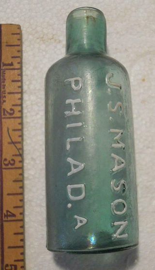 Dark Aqua Light Green Open Pontil J.  S.  Mason Philadelphia Master Ink Bottle 3