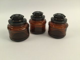 Vtg Set Of 3 Dark Amber Brown Glass Apothecary Jars With Starburst Lid