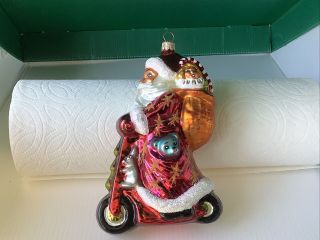 Retired Christopher Radko Blown Glass Ornament Santa On Scooter.