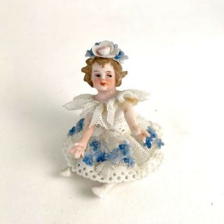 Vintage German Mini Dresden Lace Porcelain Bisque Seated Girl Figurine
