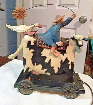 1997 Williraye Studio Pull Toy 1426 Cow,  Girl,  Sunflower & Duck Folk Art