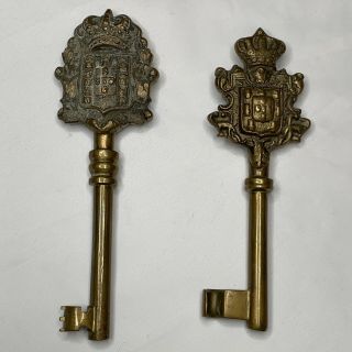 2 Vintage Antique Large Brass Keys Coat Of Arms Crown