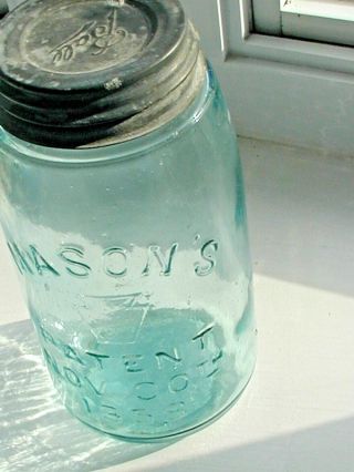 Mason’s Patent Nov 30th 1858 Keystone Emblem Aqua Jar,  Quart