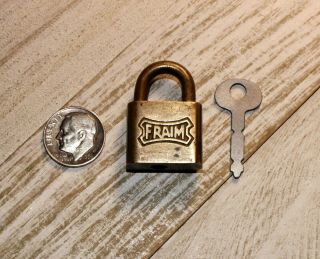 Small Antique Miniature 1.  25 Inch Brass Fraim Dog Bone Logo Padlock Lock And Key