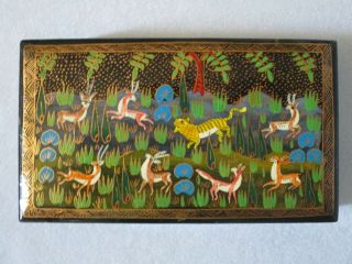 Vintage Black Lacquer Box,  Hand Painted Tiger,  Wild Animals Decorations 7 " X 4 "