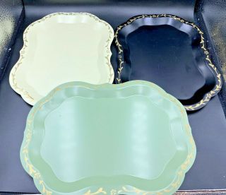Set Of 3 Antique Vintage Small Gold Paint Trimmed Tri - Colored Metal Trays
