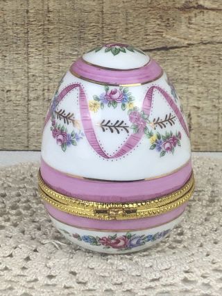 Vintage Limoges Trinket Egg Shaped Box With Pink Flowers And Ribbons