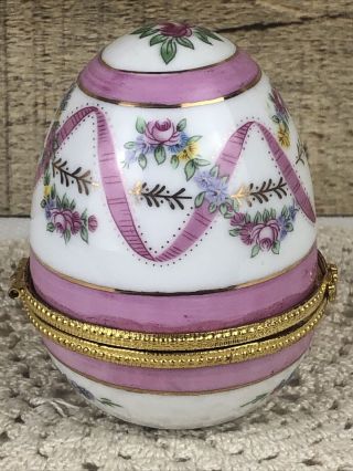 Vintage Limoges Trinket Egg Shaped Box With Pink Flowers and Ribbons 2