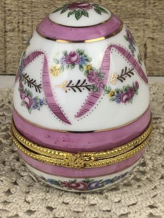 Vintage Limoges Trinket Egg Shaped Box With Pink Flowers and Ribbons 3