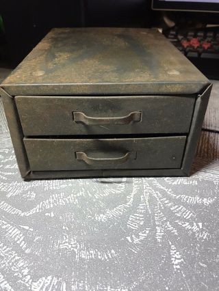 Two Drawer Tin Cabinet Small Rustic Vintage Metal Garage Crafts Industrial