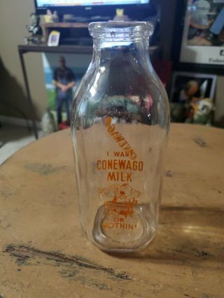 Vintage Quart Milk Bottle Conewago Farms Dairy Crying Baby Wants Milk 2
