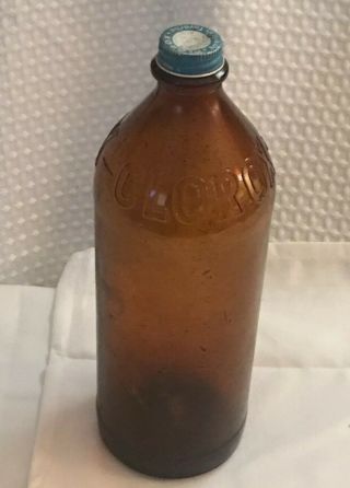 Vintage Amber Brown Embossed Glass Clorox 10” Bottle With Blue Lid