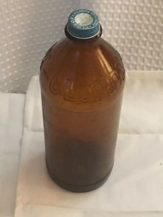 Vintage Amber Brown Embossed Glass Clorox 10” Bottle With Blue Lid 2