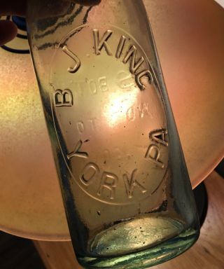 Antique Blob Top Soda Bottle York Pa B J King Embossed Advertising 1800s