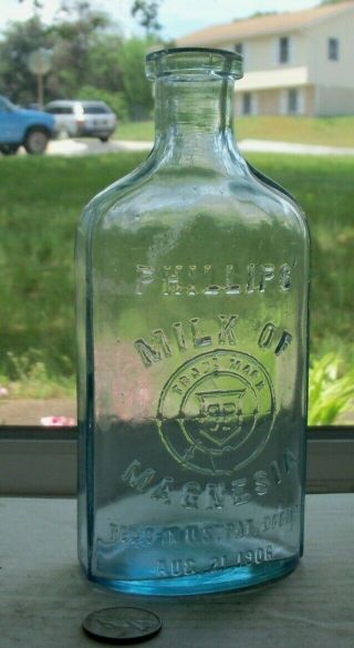 Vintage Blue Bottle,  Phillips.  Milk Of Magnesia Regd In Us Pat Office Aug 21 1906