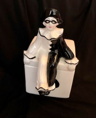 Vintage Pierrot Mime Jester Clown Powder Box Porcelain Japan Square Art Deco