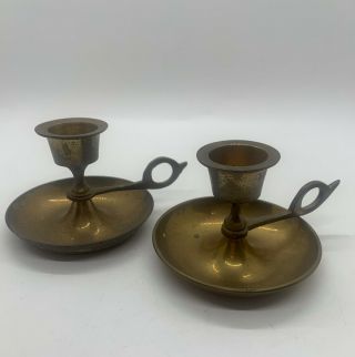 Vintage Brass Candle Holders With Finger Loop And Drip Tray 2 " Tall