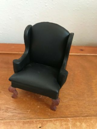 Vintage Dollhouse Miniature Faux Black Leather Wing Back Chair W Removable Cushi