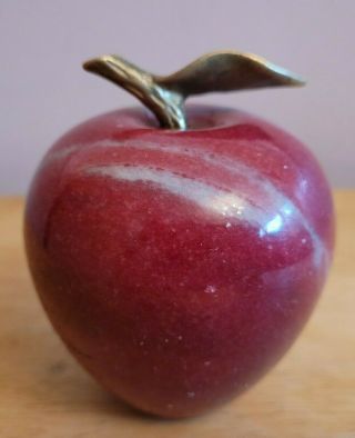 Vtg - Red Marble Apple Paperweight With Brass Stem & Leaf