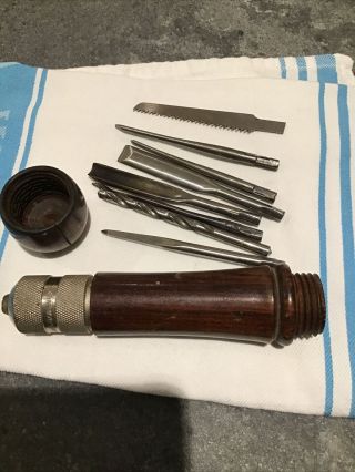 Rare Antique H.  M.  Corp Screwdriver 8 Wooden Bits Wooden Handle Handyman Saw