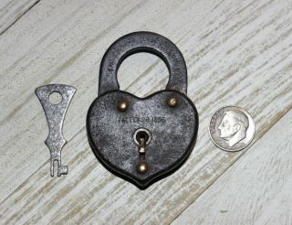 Small Antique Pat.  1896 Eagle Lock Co Heart Shaped Iron Lever Padlock & Flat Key
