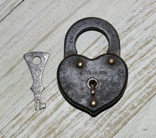 Small Antique Pat.  1896 Eagle Lock Co Heart Shaped Iron Lever Padlock & Flat Key 2