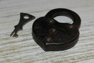 Small Antique Pat.  1896 Eagle Lock Co Heart Shaped Iron Lever Padlock & Flat Key 3