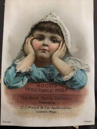 Hoods Pills Medicine Advertising Card With Little Girl