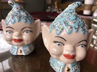 Vtg Pixie Elves Salt Pepper Shakers Figural Head Ceramic Cork Closure