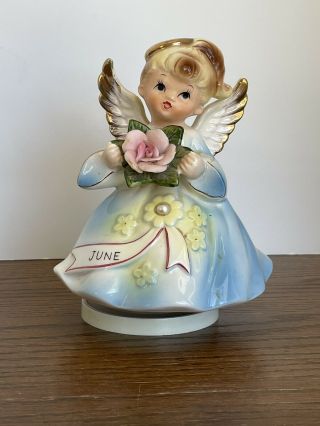 Lefton June Angel Figurine Music Box Plays Happy Birthday Pink Roses Vintage