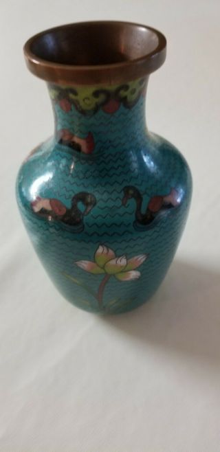 Vintage Chinese Cloisonne Vase 5 Inch Tall Teal Enamel Flowers Swans