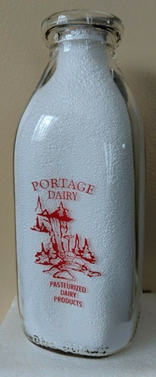 Quart Portage Co - Op Creamery Dairy Milk Bottle York Ny Indians Canoe