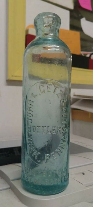 C.  1900 John L.  Getz & Son York Pa 8 " Tall Green Hutchison Bottle Soda
