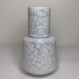 Vintage Bedside Carafe And Tumbler Ceramic White With Floral Design Lusterware