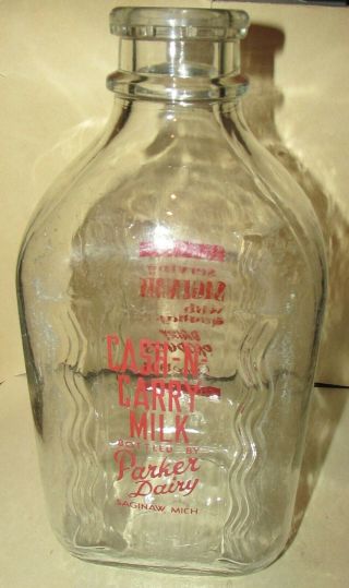 Cash And Carry Milk Bottled By Parker Dairy Saginaw Mich Half Gallon Jug Bottle