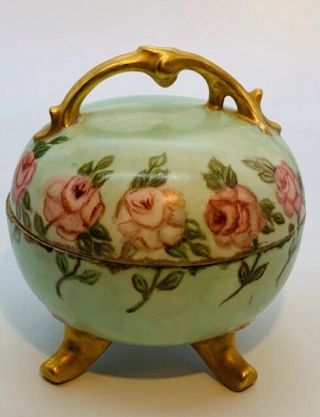 Vintage Lovely Hand Painted Roses Gold Trim Porcelain Footed Trinket Box - 1958