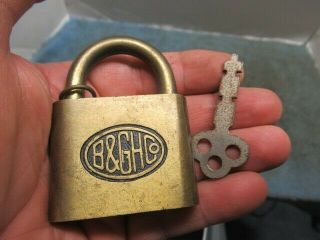 Cond Very Scarce Old Brass Logo Padlock Lock B & G H Co Orig Key.  N/r