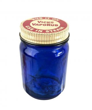 Vintage Cobalt Blue Glass Vicks Vaporub Jar With Metal Lid