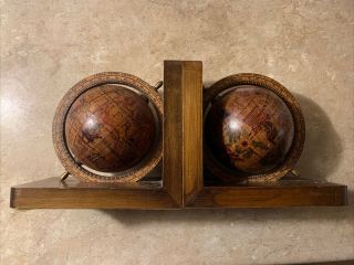 Vintage Olde World Globe Made In Italy Wooden Library Bookends Rotating Globes